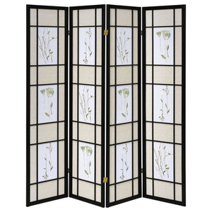 4 Panel Folding Screen With Floral Motif - Black