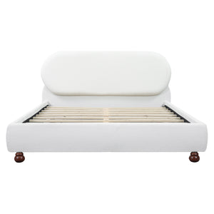 Cream-colored Boucle Upholstered Bed with Rubber Wood Foot, Queen