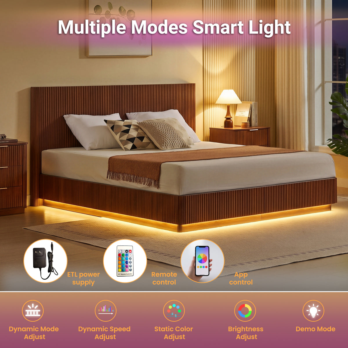 King Size Bed Frame with LED Lights in Walnut