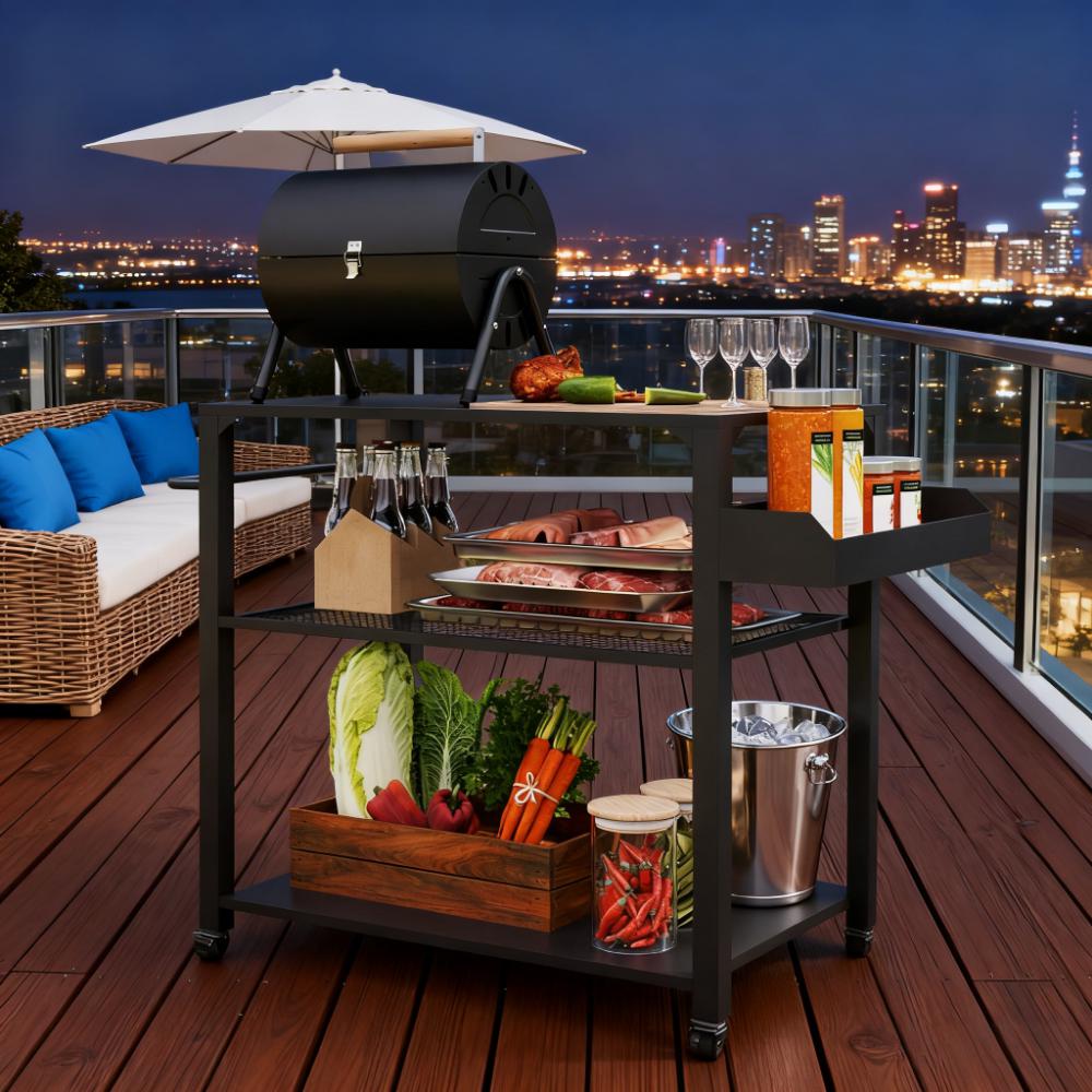 Movable Oven Table on Wheels - 3-Tier Outdoor Grill Cart