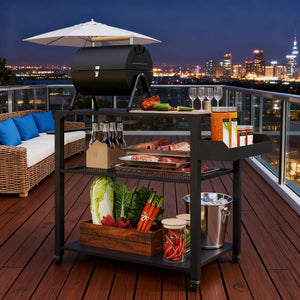 Movable Oven Table on Wheels - 3-Tier Outdoor Grill Cart