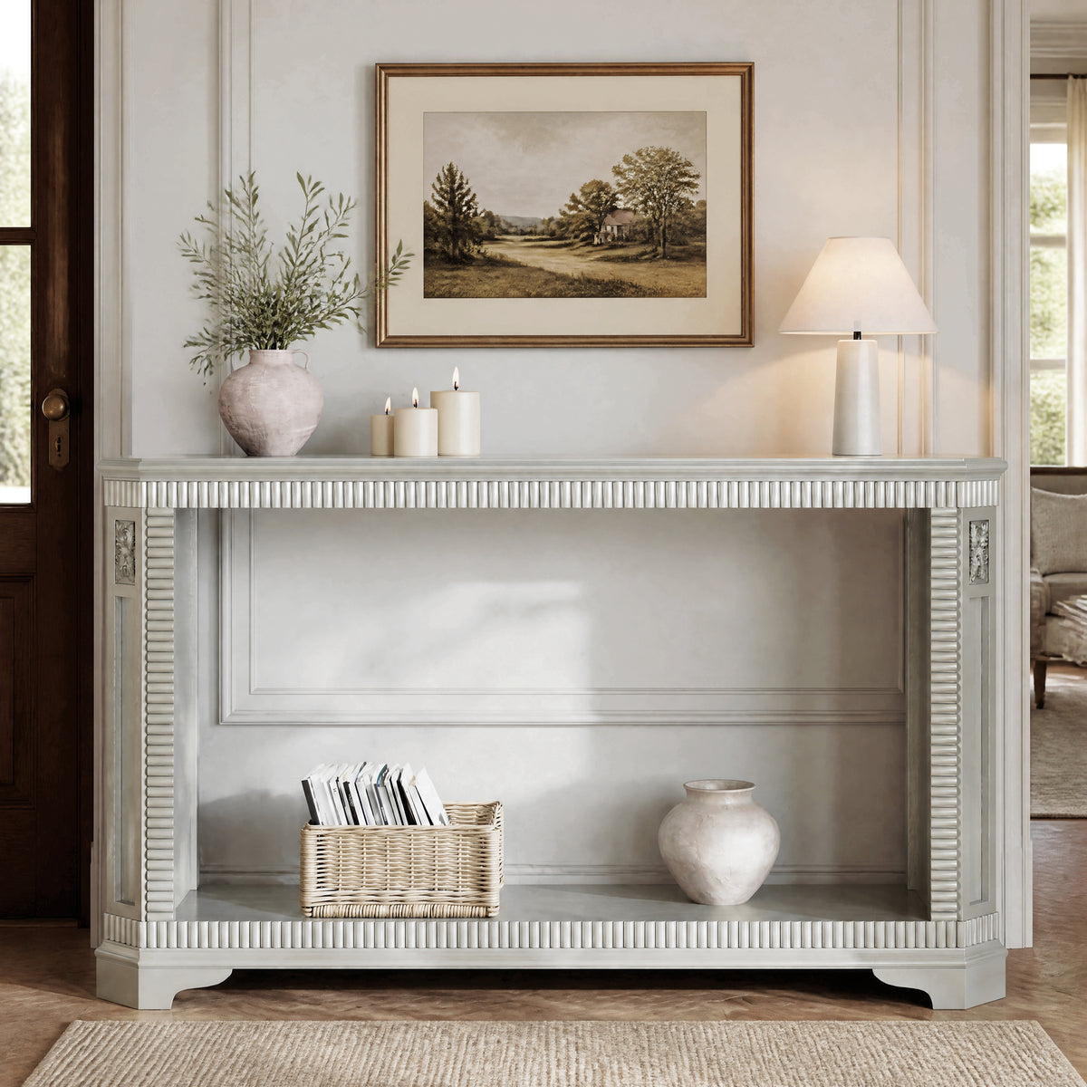 55-Inch Retro Carved Console Table, 2-Tier Open Storage, Champagne Silver