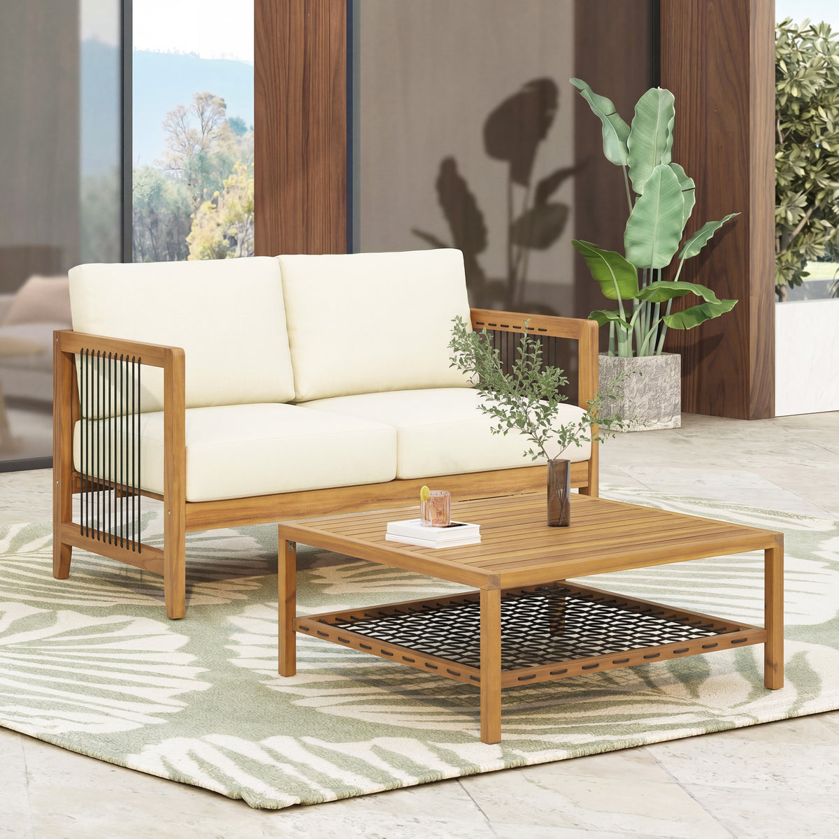 2-Piece Acacia Wood Outdoor Loveseat with Coffee Table