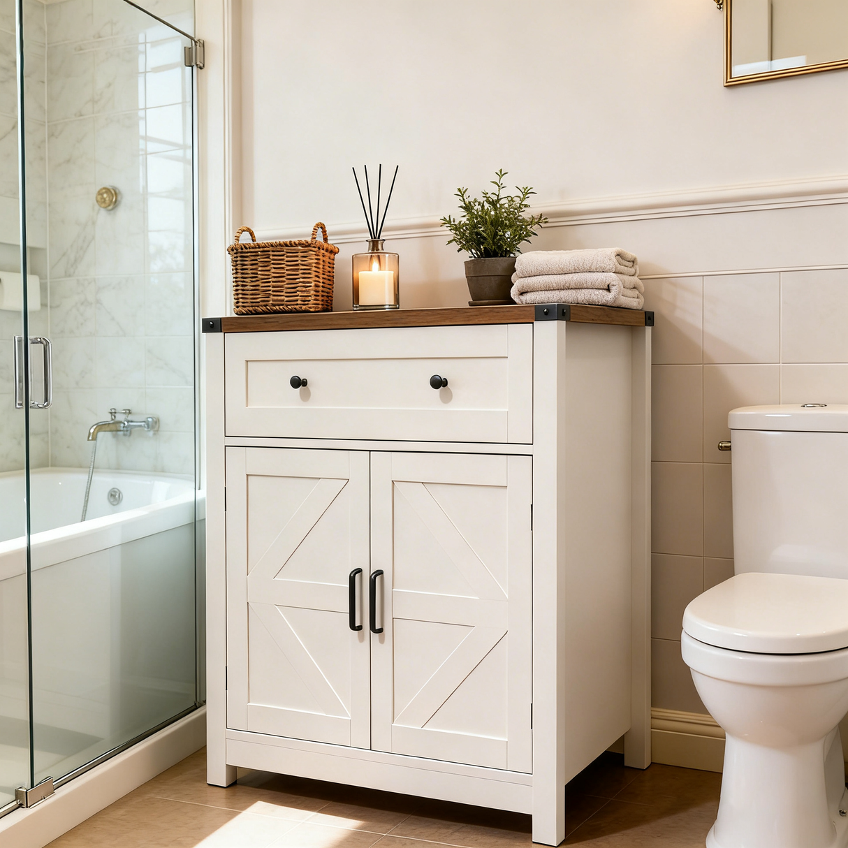 White & Wood-Grain Top Farmhouse Barn-Door Storage Cabinet