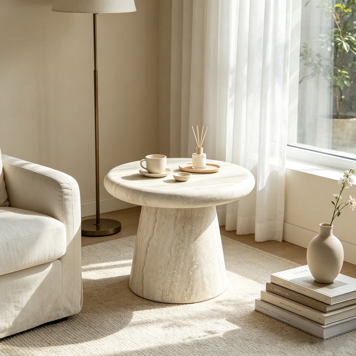Round Fiberglass Coffee Table, 21.65-Inch, Travertine Print, Low Profile