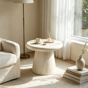 Round Fiberglass Coffee Table, 21.65-Inch, Travertine Print, Low Profile