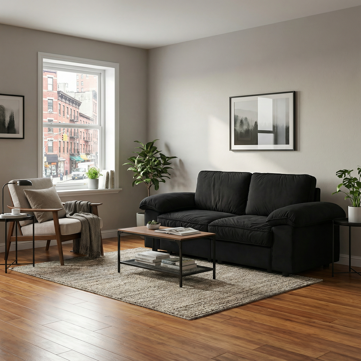 Black Velvet Compact Sofa with Hidden Storage