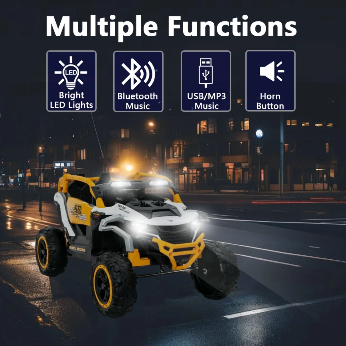Ride On Models 12V Kids Electric Truck With Remote Control, Front & Rear Suspension, 2 Seater UTV, Flashlights, Music Player - Yellow / White