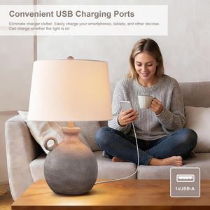 24-Inch Farmhouse Table Lamp, Resin Base with USB Port, Brown