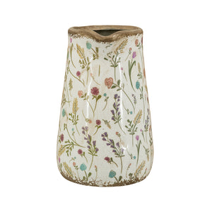8.1x5.7x9.1" Round Ceramic Pitcher Vase with Multi-Colored Floral Motifs
