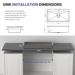 33 Inch Topmount Sink - Stainless Steel Kitchen Sink