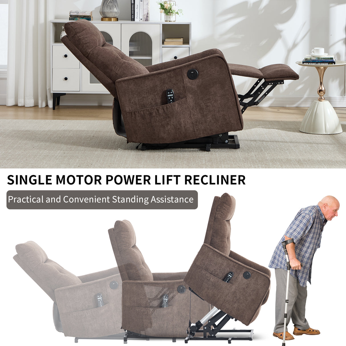 Brown Chenille Single Motor Power Lift Recliner Chair