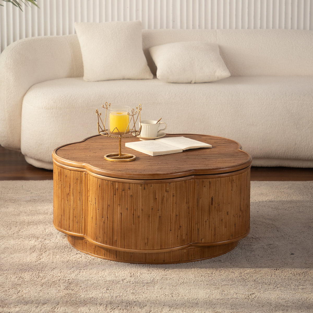 Flower-Shaped Rattan Coffee Table with Storage