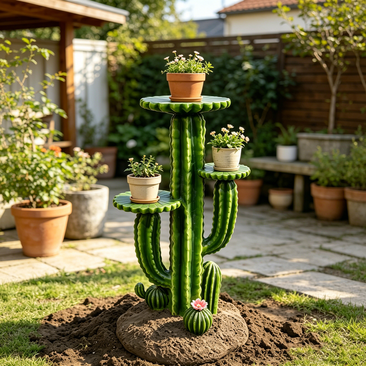 32'' Resin Saguaro Cactus Plant Stand with 3 Display Shelves, Large Multi-Tier Cactus Sculpture Flower Pot Holder, Weatherproof Outdoor Garden Decor for Patio Yard Lawn Succulent Display Rack Ornament