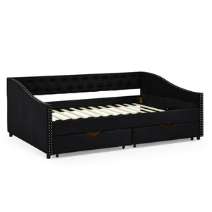 Upholstered Tufted Daybed With 2 Drawers, Waved Arms