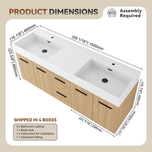 60" Floating Double Sink Bathroom Vanity with Drawers and Doors