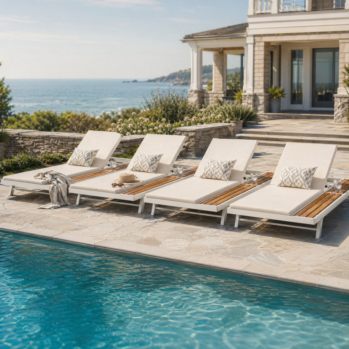 White Iron + Teak Finish Outdoor Chaise Lounge Set