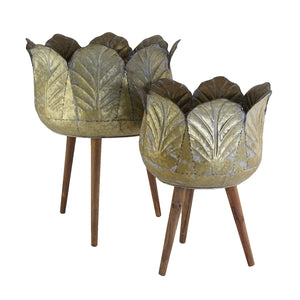 Set of 2 Metal Planters with Solid Wood Legs Stand - Natural Zinc