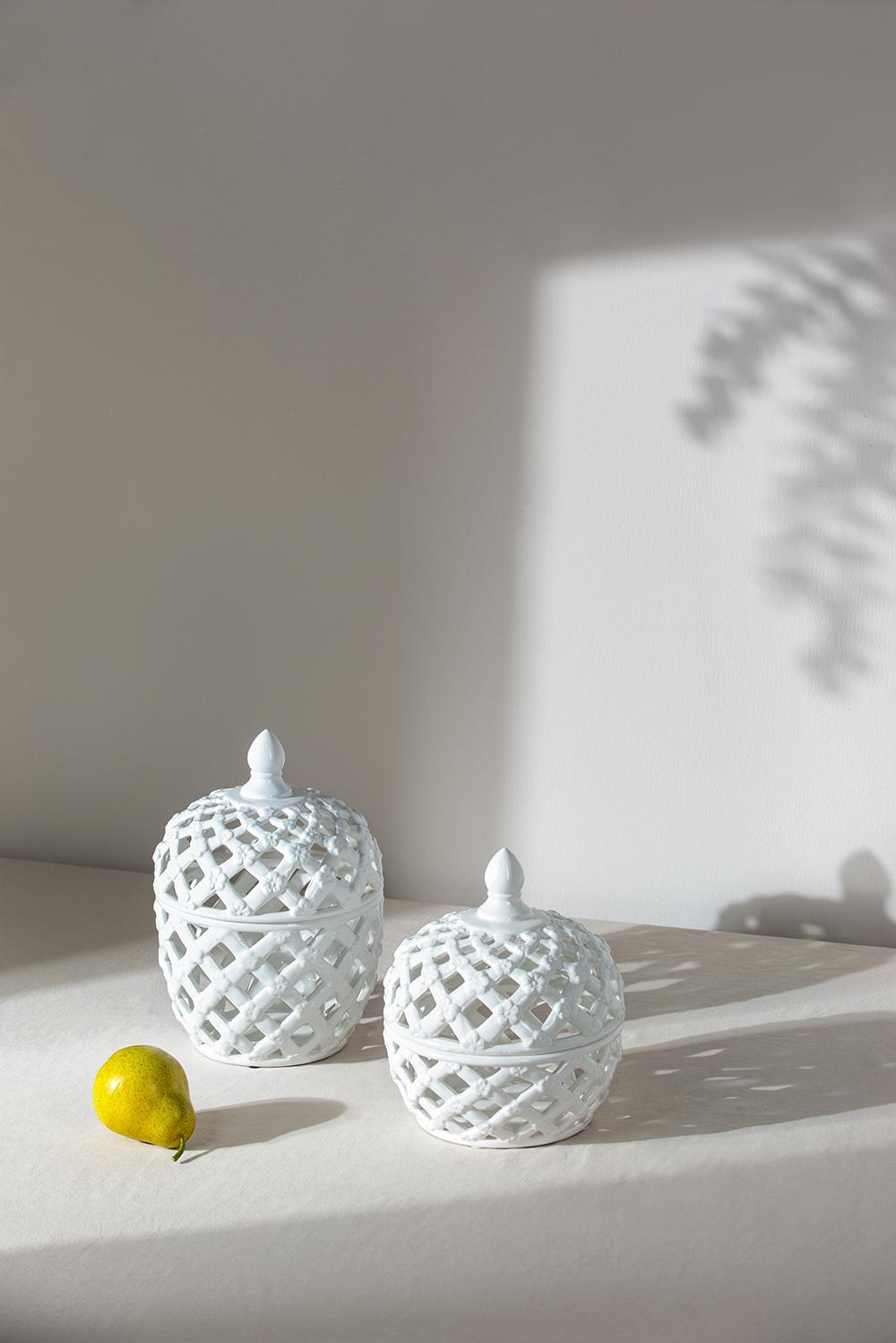 Decorative White Glazed Ceramic Jar with Lattice Design