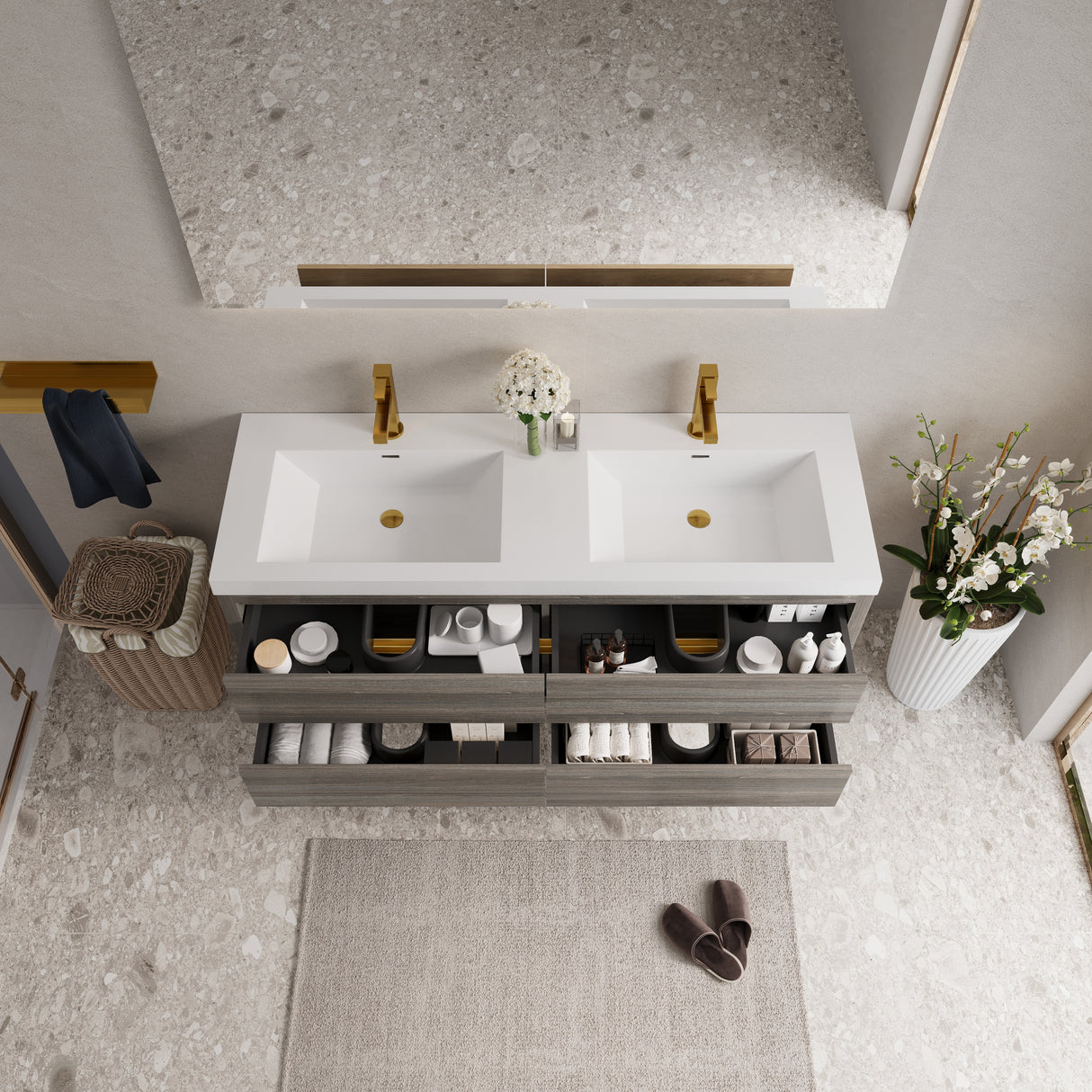 60" Wall-Mounted Bathroom Vanity with Double Sinks and Floating Storage