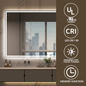LED Bathroom Vanity Wall Mirror With Straight Edge Design, Frosted Glass Finish, Anti Fog, Dimmable 3 Color Lighting - Silver