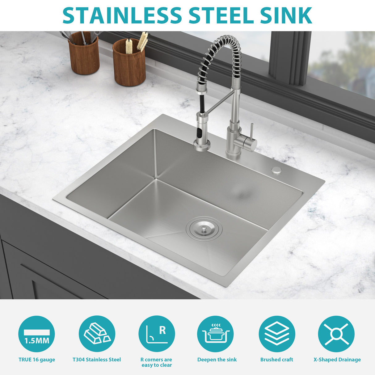 24 x 18 x 9 Inch Kitchen Sink Drop-In 16 Gauge Stainless Steel
