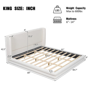 King Size Upholstered Bed Frame With Boucle Thick Wingback Headboard