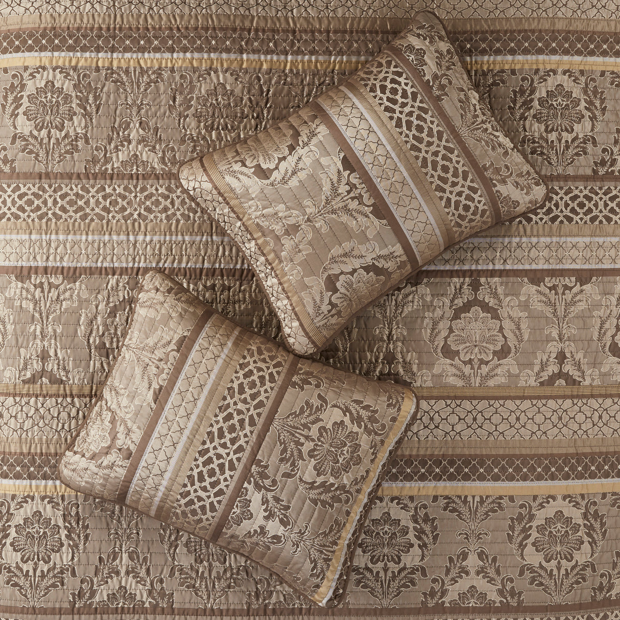 6 Piece Jacquard Quilt Set with Throw Pillows – Brown/Gold King/Cal King