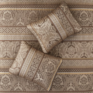 6 Piece Jacquard Quilt Set with Throw Pillows – Brown/Gold King/Cal King