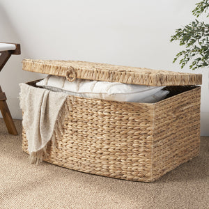 Rectangular Curve Water Hyacinth Woven Wicker Trunk With Handles For Clothes Toys Magazines And Book Storage - Natural / Light Brown