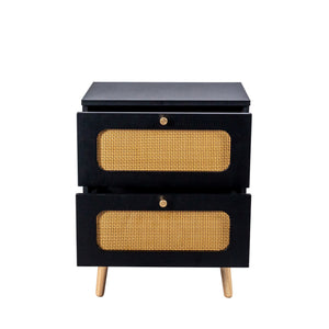 2 Drawer Rattan Nightstand For Bedroom And Living Room, End Table, Side Table With 2 Hand Made Rattan Decorated Drawers - Black