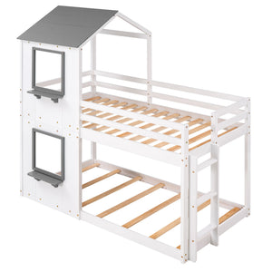Bunk Bed Wood Bed & Roof, Window, Guardrail, Ladder