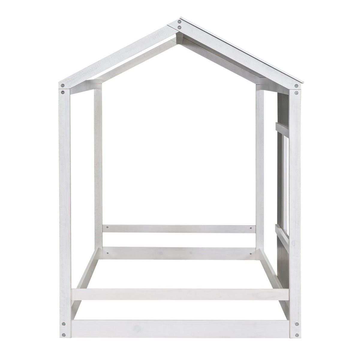 Twin Size House Platform Bed With Roof And Window - Natural / White
