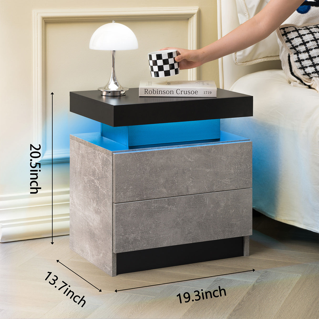Modern LED Nightstand with 2 Drawers for Bedroom