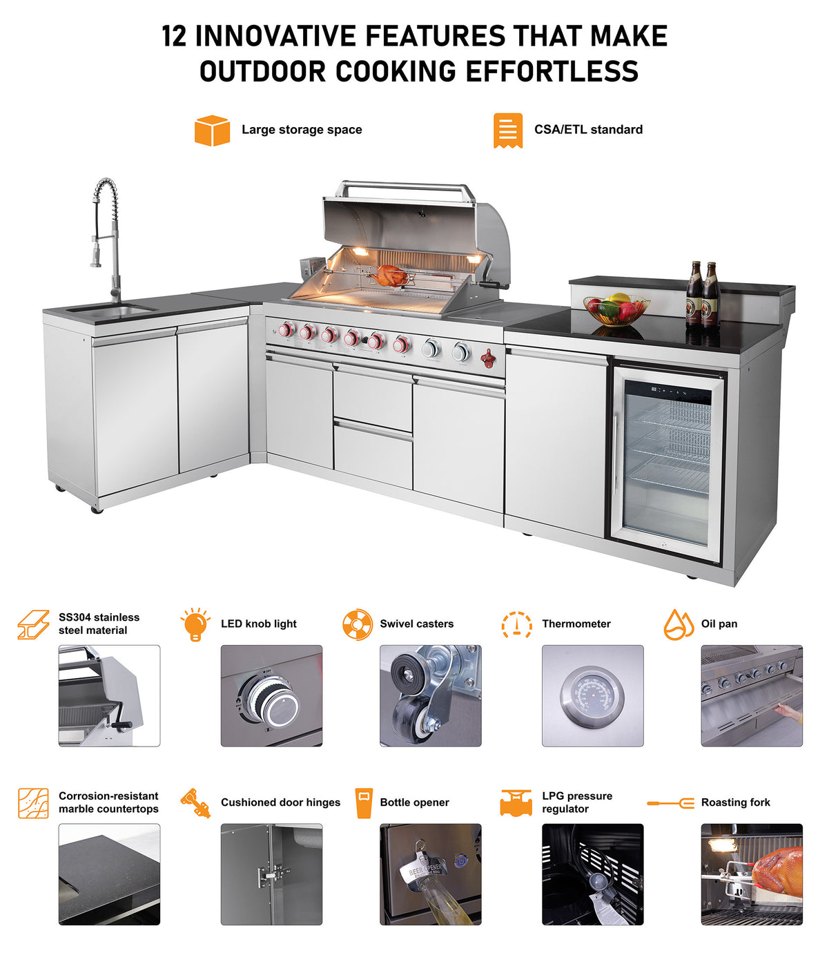 Outdoor Kitchen Island 85.2 Inch 4+1 Burner Propane Gas BBQ Grill 71500 BTU 304 Stainless Steel