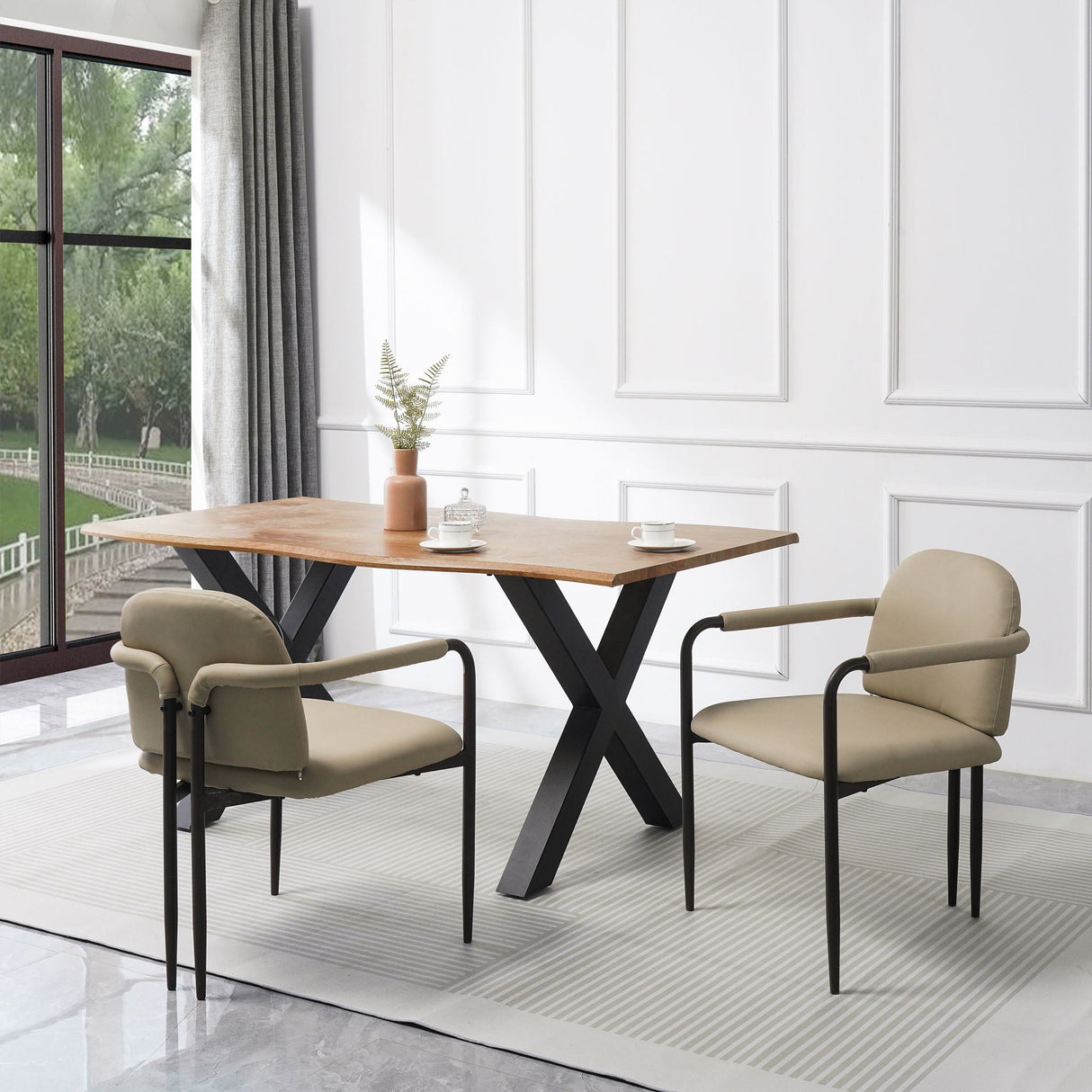 Modern Dining Chair Set of 2 with Iron Frame - Espresso / Khaki