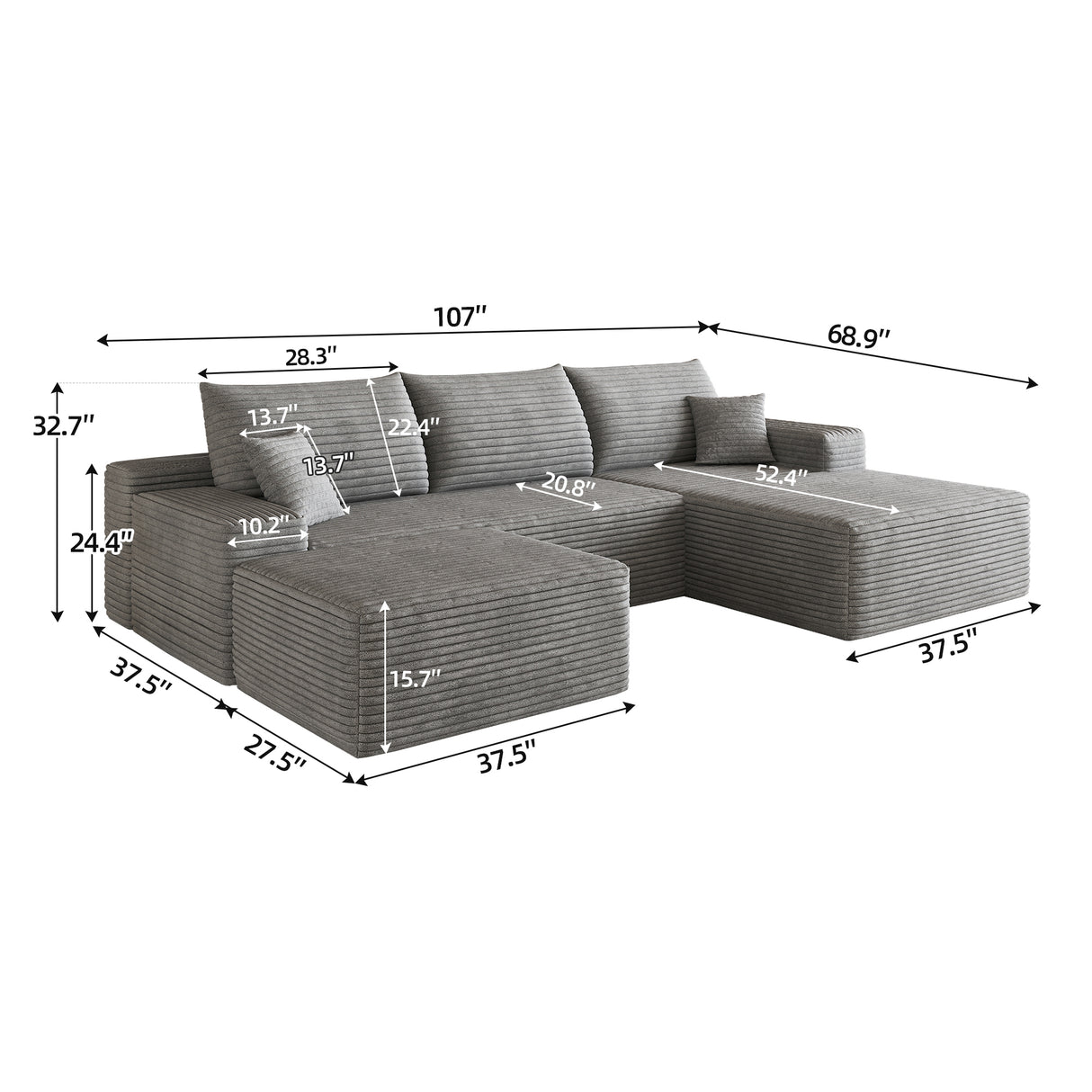 107" Cloud Sectional Sofa with 1 Ottoman