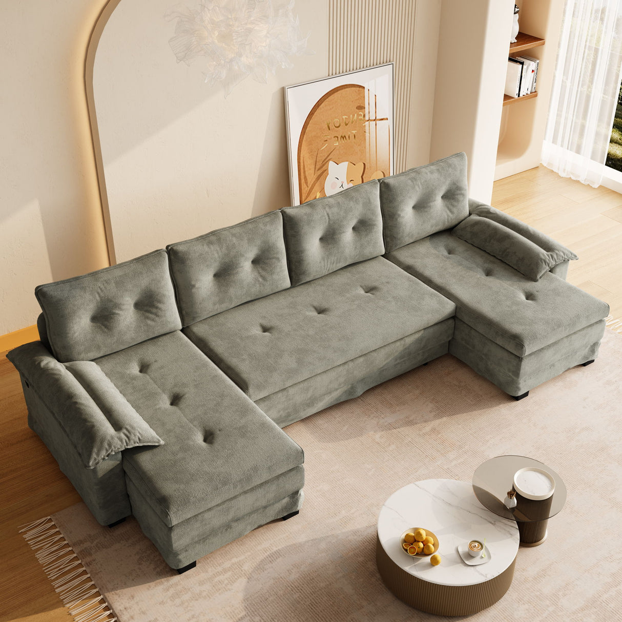 U-Shaped Sleeper Sofa With Pull Out Bed, Removable Armrests & USB Ports For Living Room