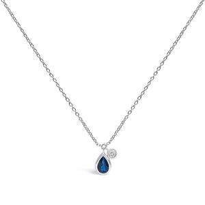 14K White Gold 6x4mm Pear Blue Sapphire and Diamond Accent Charm Pendant Necklace - 18" Inches