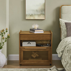 Mid Century Modern Nightstand with Charging Station & 2 Drawers