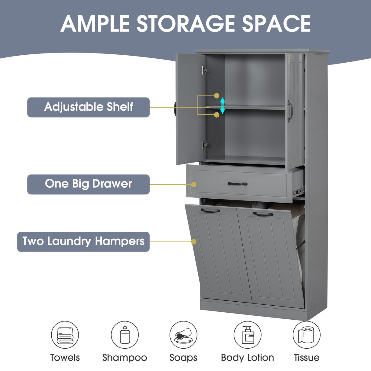 Modern Bathroom Storage Cabinet With Two Laundry Baskets, One Drawer, Adjustable Shelf