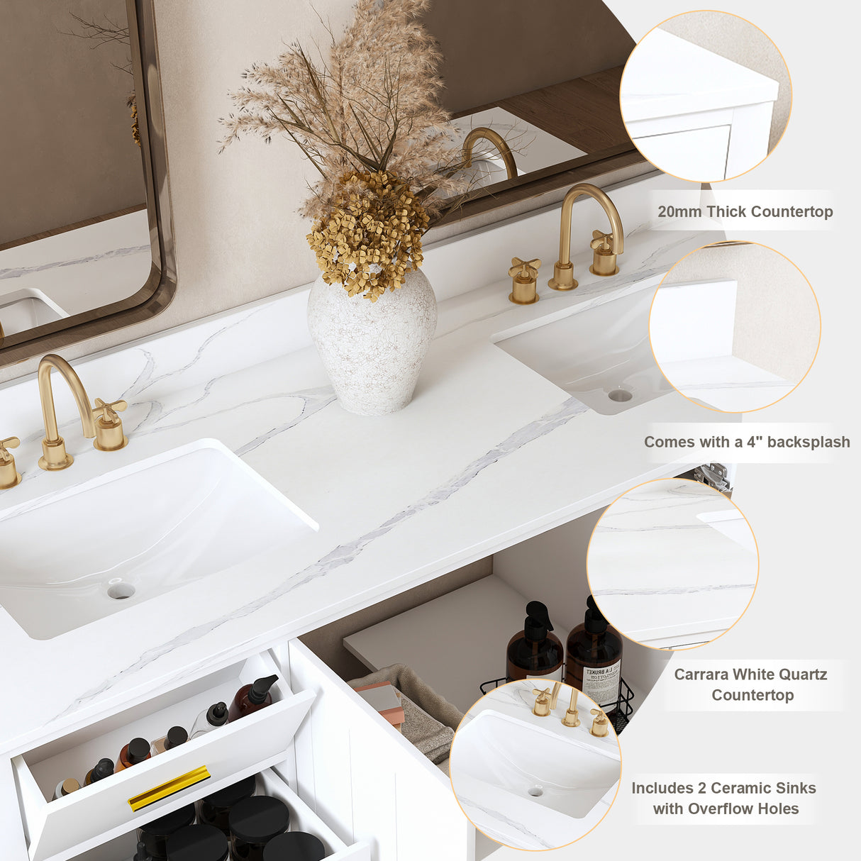 60" Solid Wood Bathroom Vanity with 2 Sinks