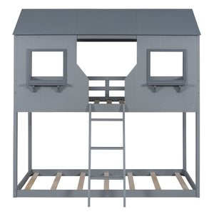 Twin Over Twin Bunk Bed With Roof, Window, Guardrail, Ladder