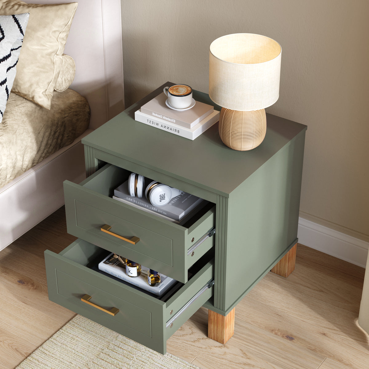 2 Drawer Nightstand with Premium Wood Storage