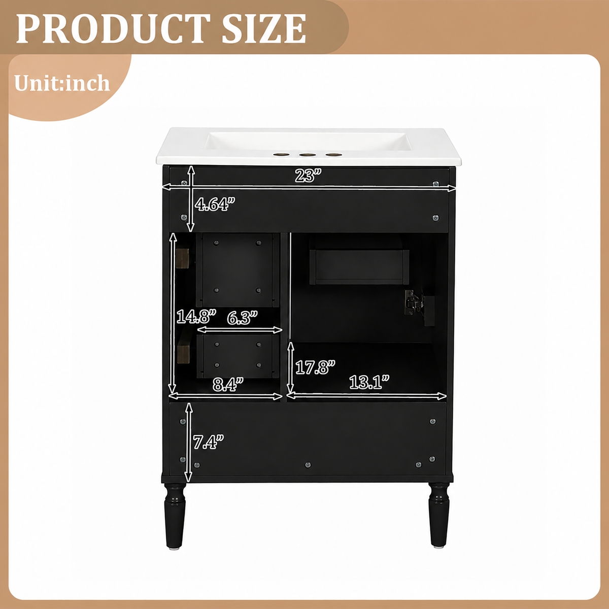24" Modern Bathroom Vanity with Ceramic Sink, Soft-Close Doors & Drawers - Black