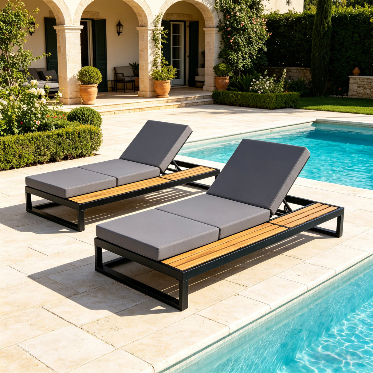 Black Iron & Teak Finish Chaise Lounge Set