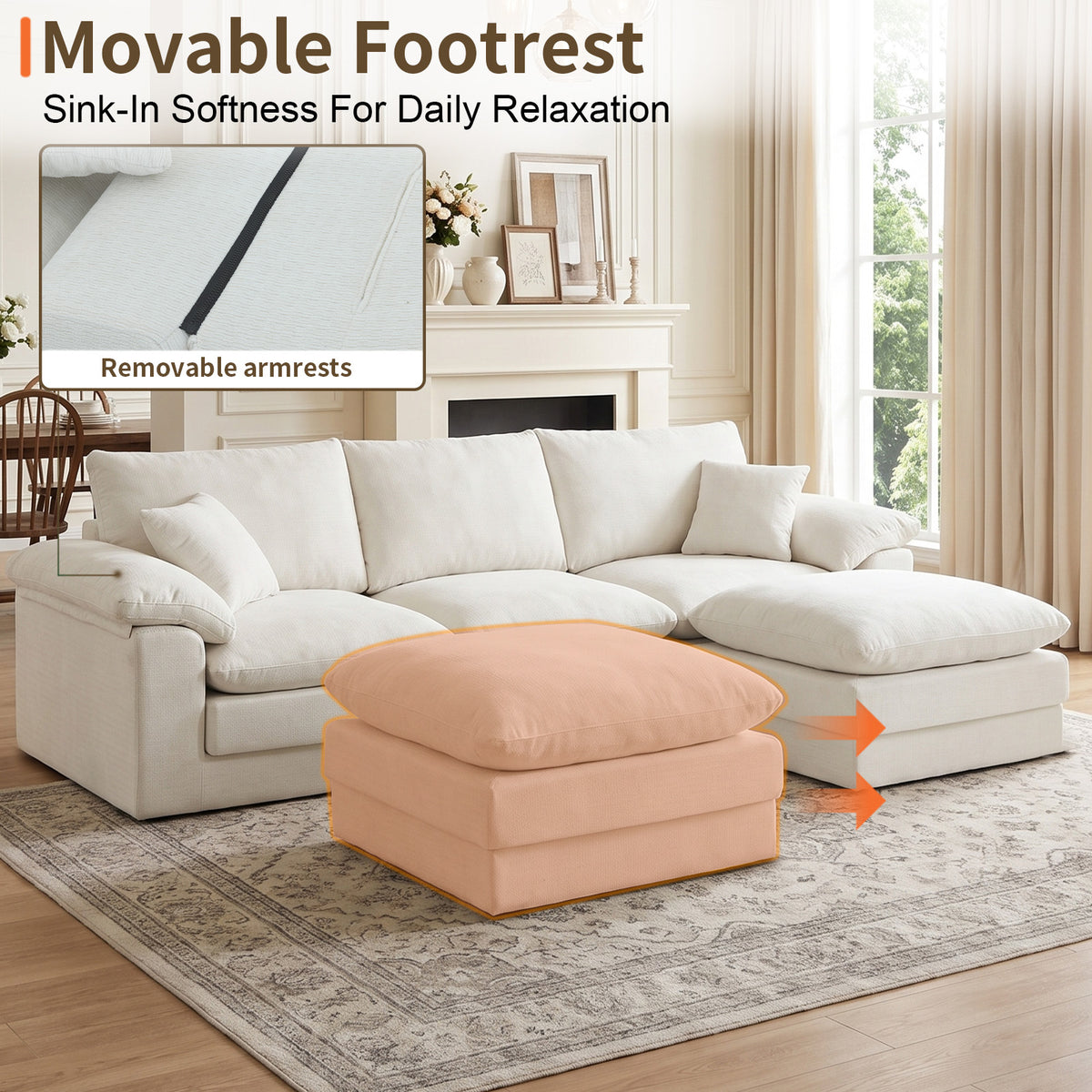 Modular U-Shape Sectional Sofa with Movable Ottoman, Chenille, Beige