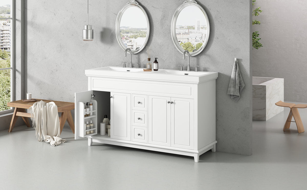 60" Bathroom Vanity with Resin Double Sinks, 3 Drawers & 4 Doors