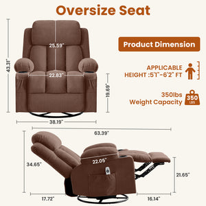 Swivel Rocker Recliner Chair with Vibration Massage and Heat - Brown, Blue, Grey