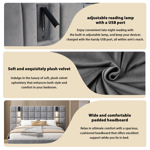 King Size Upholstered Bed Frame with Wall Sconce and USB Port